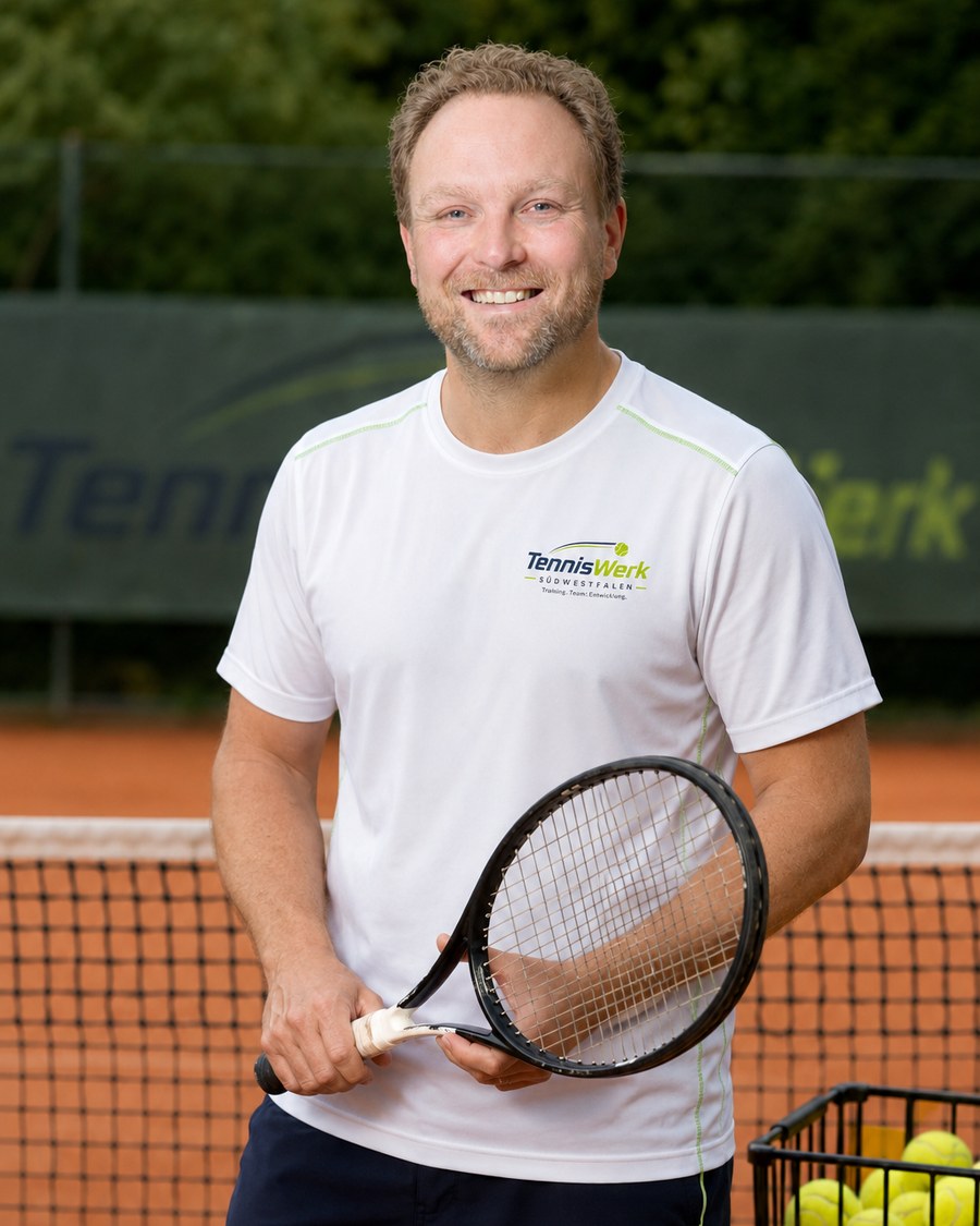 Christoph Neumann von TennisWerk Südwestfalen mit Tennisschläger auf dem Tennisplatz